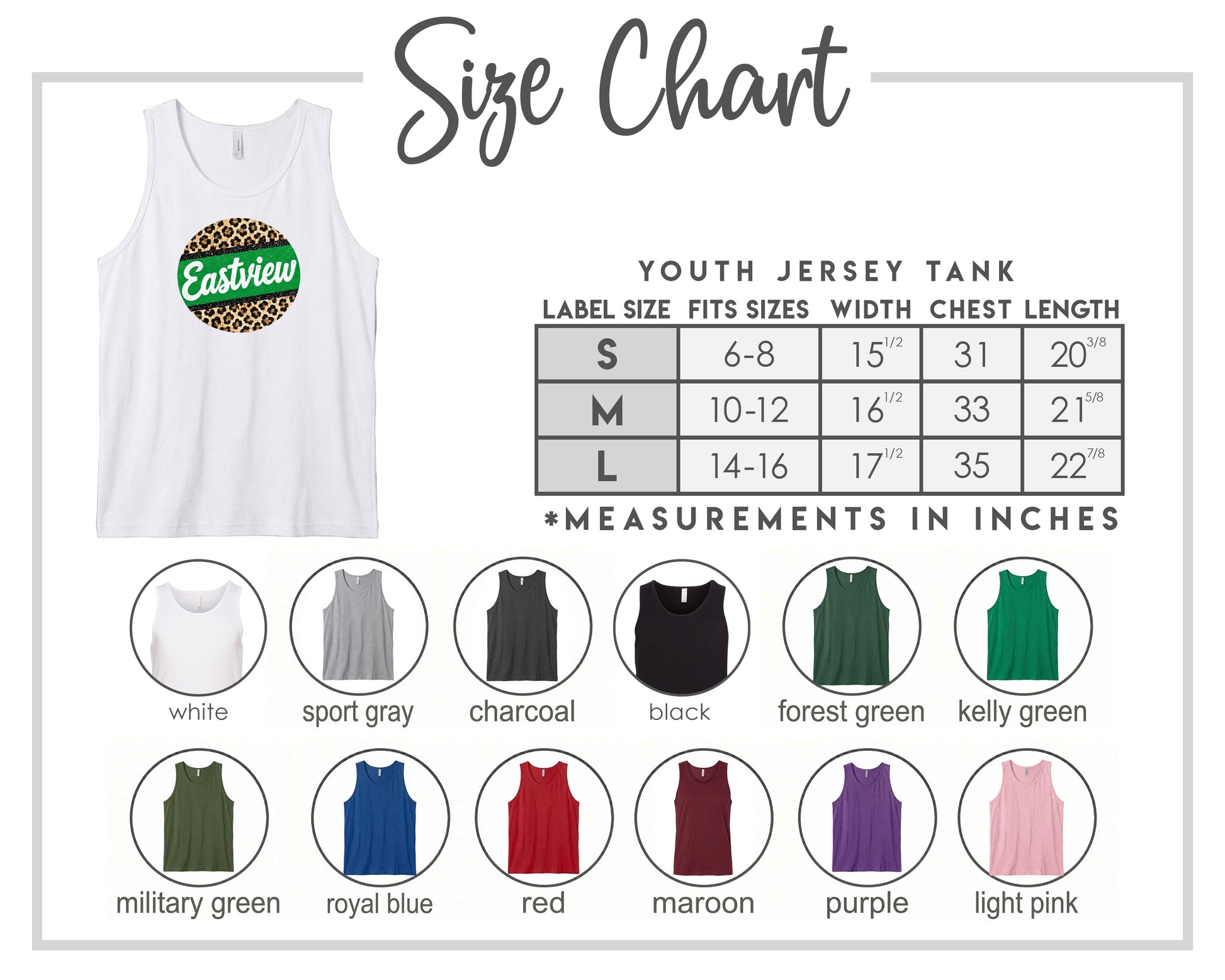 The image is a size chart for a youth jersey tank, displaying various color options and corresponding measurements in inches.