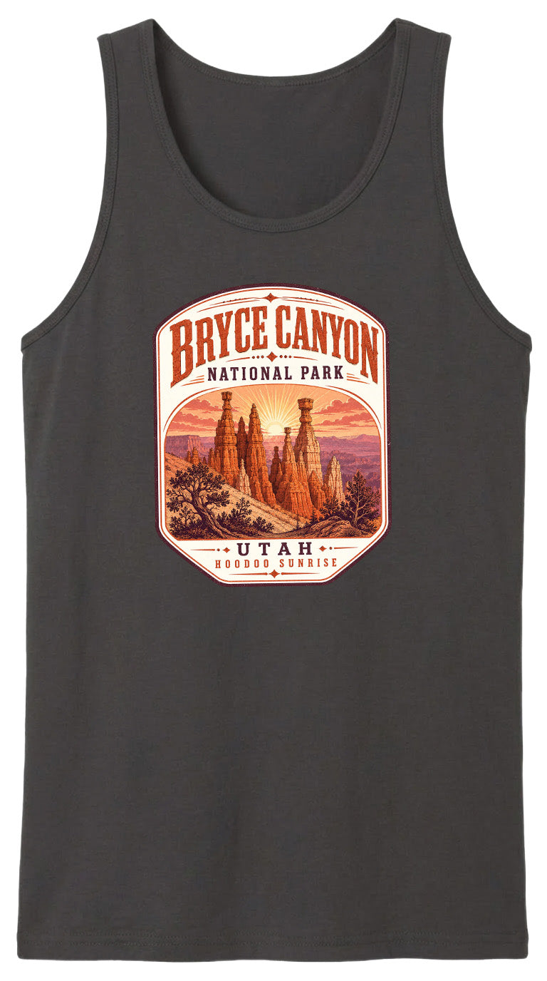 A black tank top with a graphic design depicting Bryce Canyon National Park and Utah.