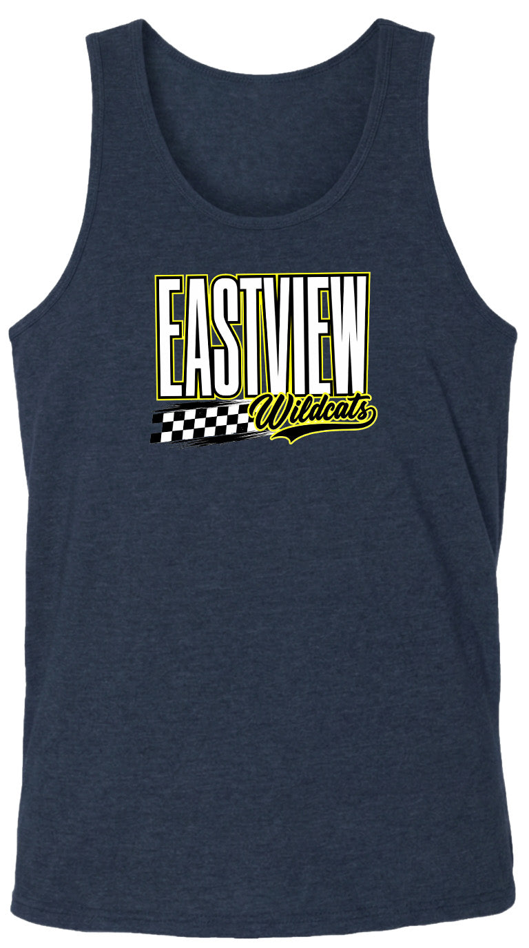 A navy blue tank top with a graphic design featuring the text "EASTVIEW Wildcats" in yellow and white.