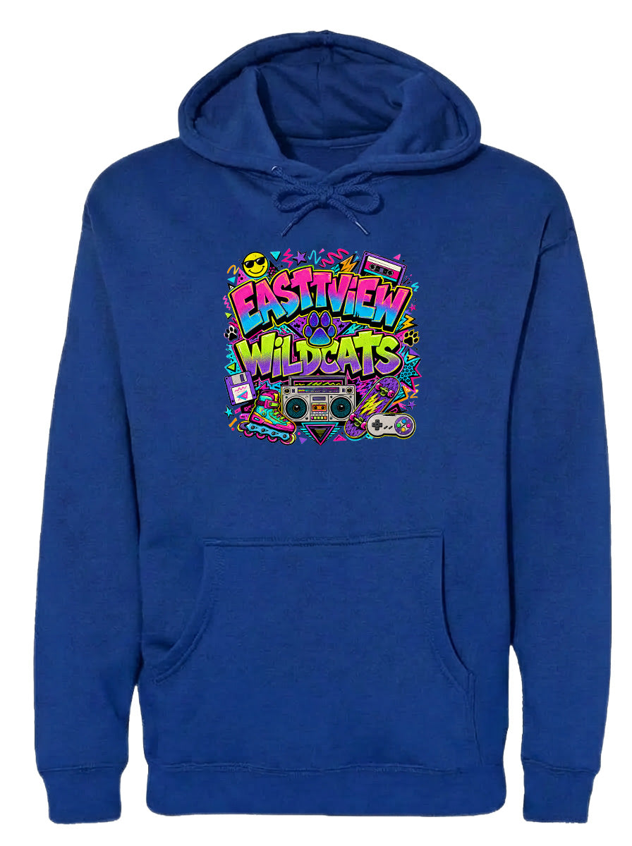 A blue hoodie with a colorful graphic design featuring a boombox, sunglasses, and other retro-style elements.
