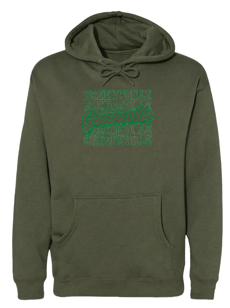 A dark green hoodie with a graphic design on the front.