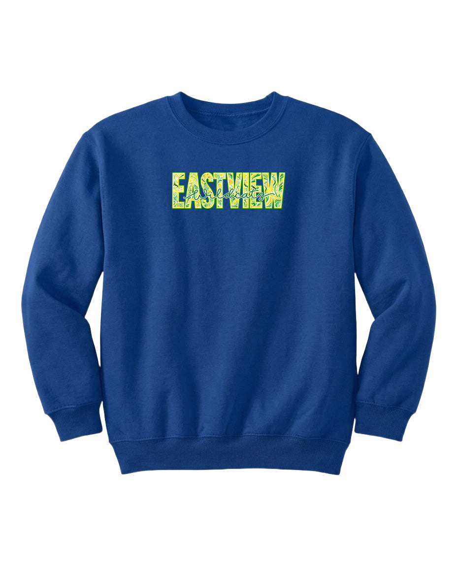 A blue sweatshirt with the text "EASTVIEW" printed on it in a stylized font.