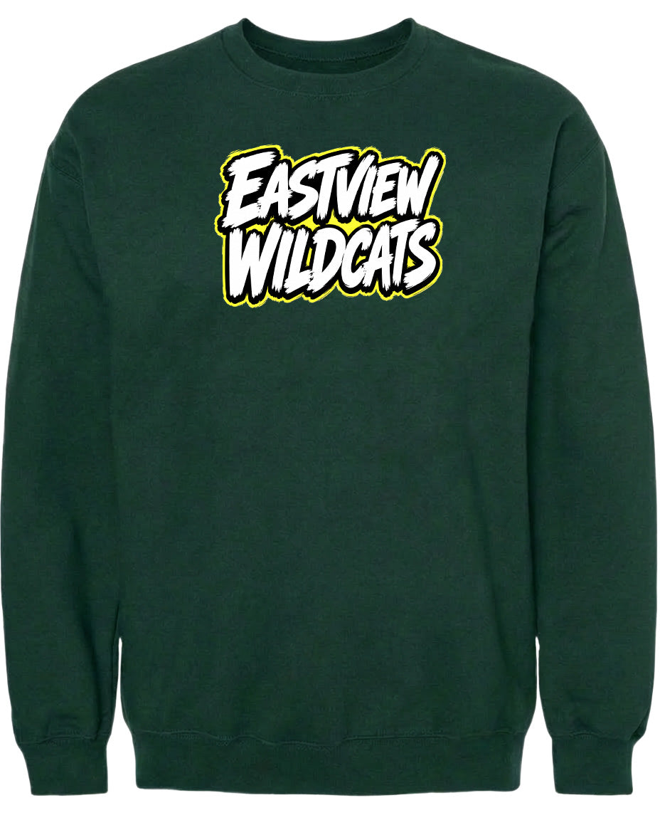 A dark green sweatshirt with a large white text logo on the front.