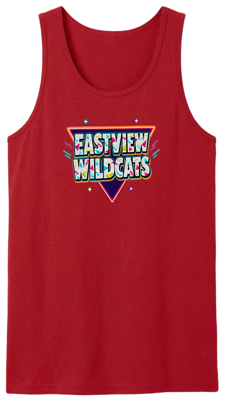 A red tank top with a colorful graphic design featuring the text "EASTVIEW WILDCATS" in a retro style.