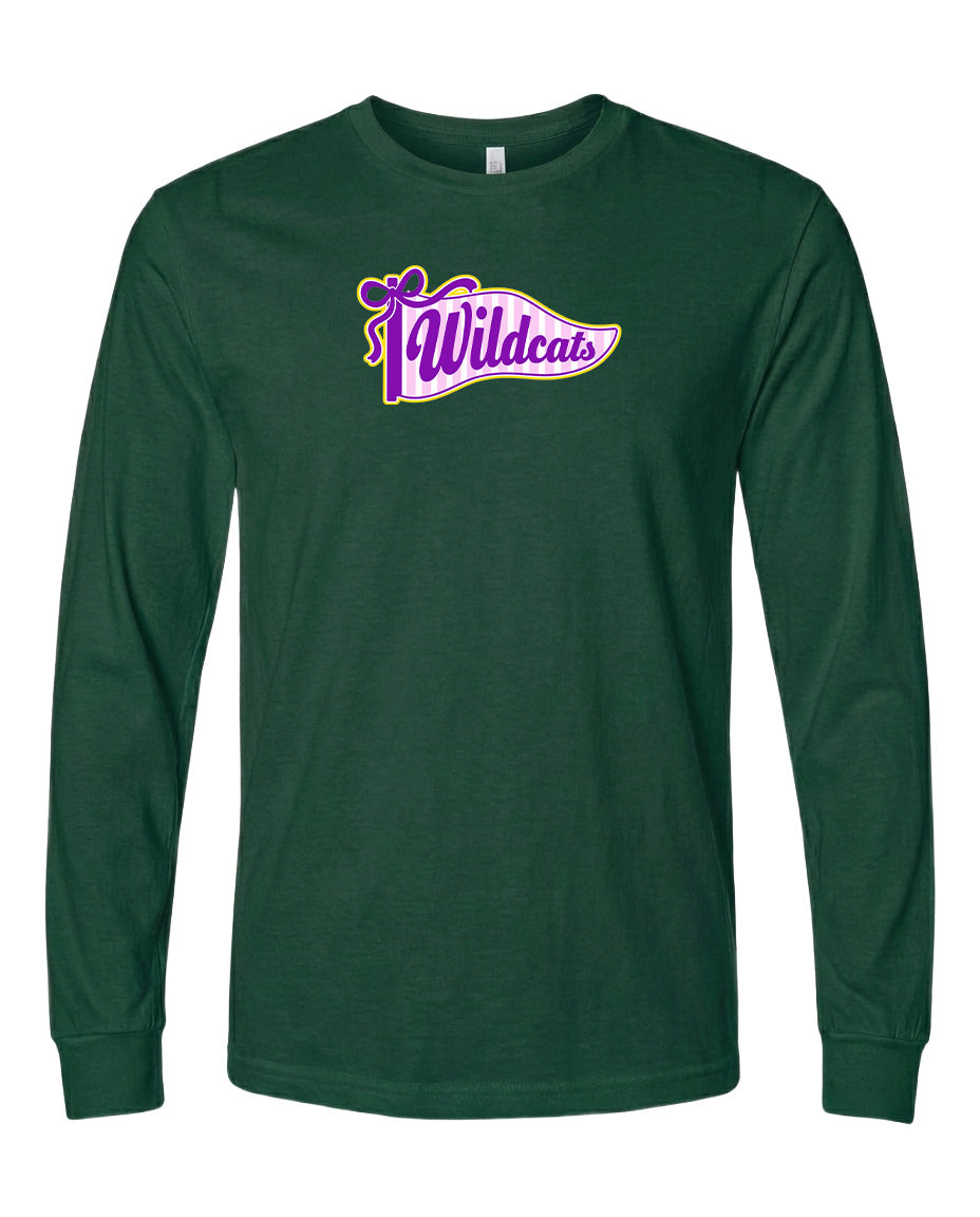 A dark green long-sleeved shirt with a purple and yellow logo on the front.