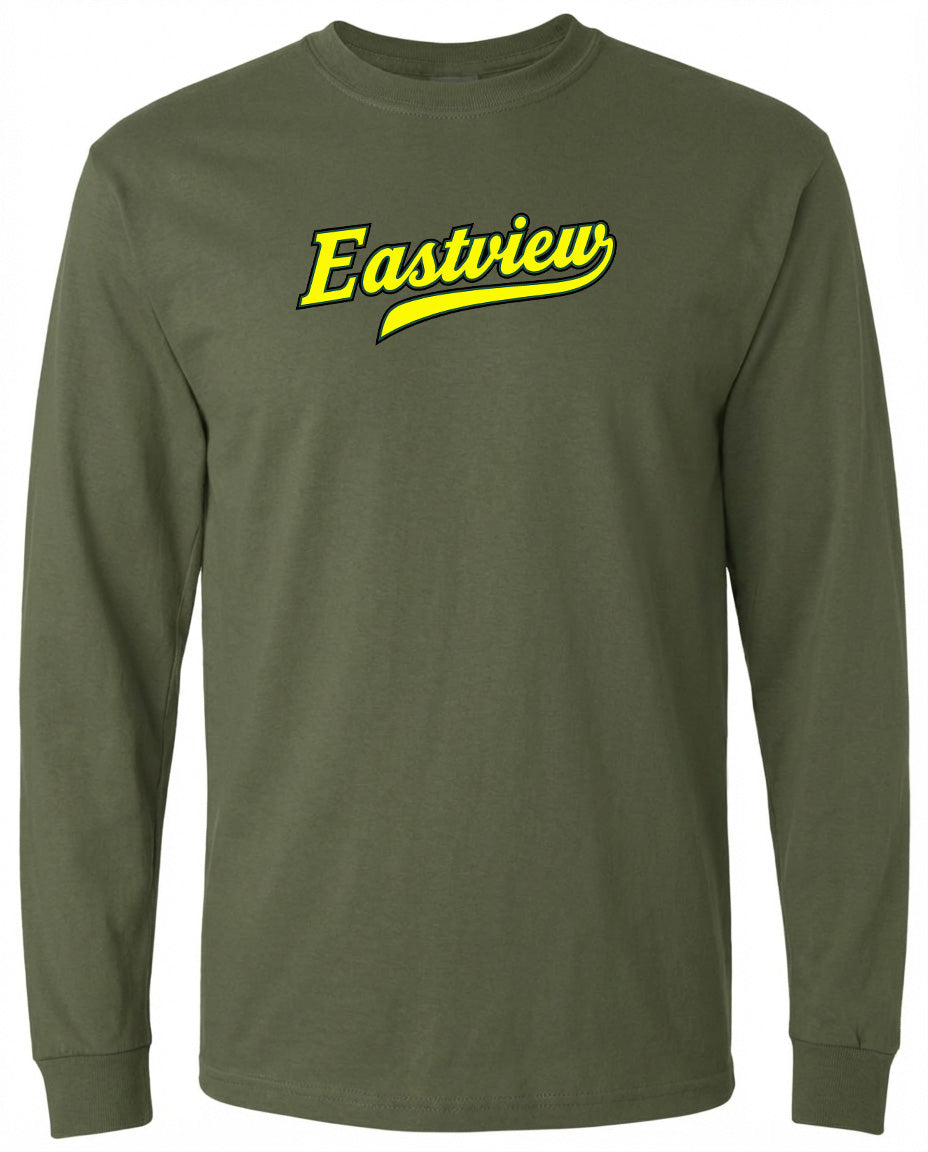 A long-sleeved olive green t-shirt with the word "Eastview" printed in yellow on the front.