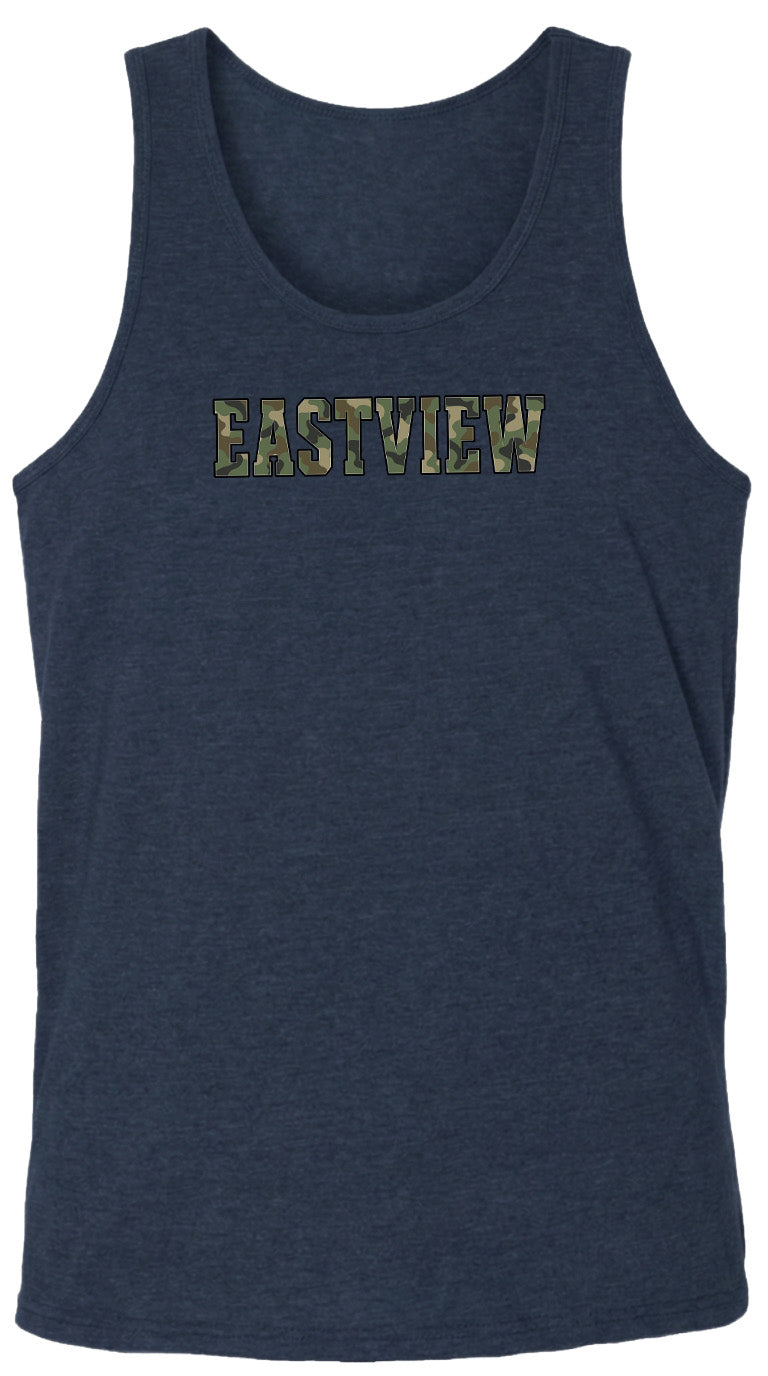 A navy blue tank top with the word "EASTVIEW" printed on it in a camouflage pattern.
