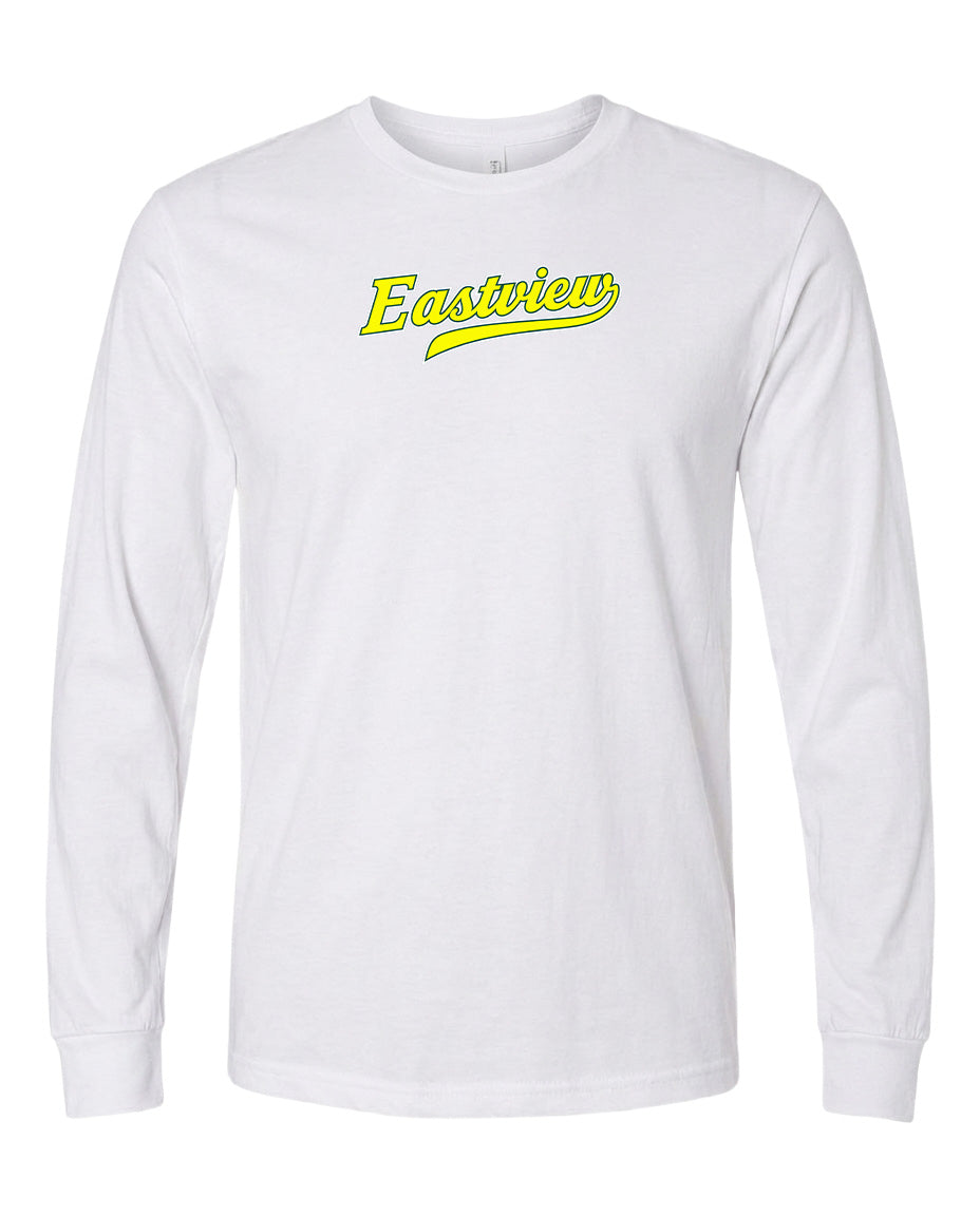 A white long-sleeved t-shirt with a yellow logo on the front.