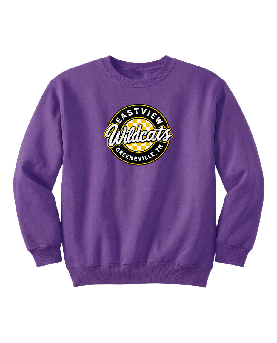 A purple sweatshirt with a circular logo on the front.