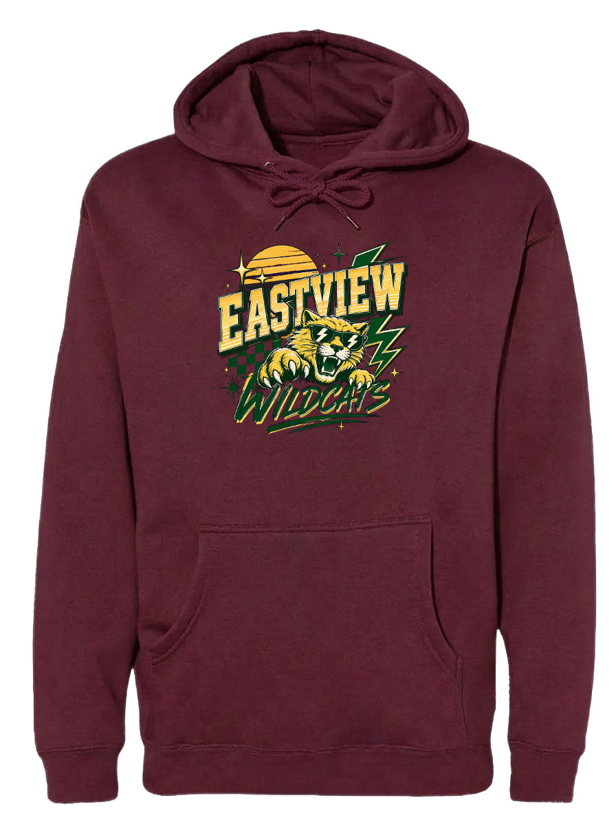 A burgundy hoodie with a graphic design featuring a panther and the text "EASTVIEW WILDCATS" printed on it.
