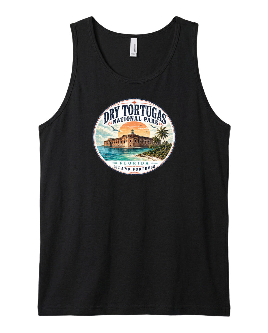 A black tank top with a circular graphic design featuring a tropical island and a building, along with the text "Dry Tortugas National Park, Florida Island Fortress".