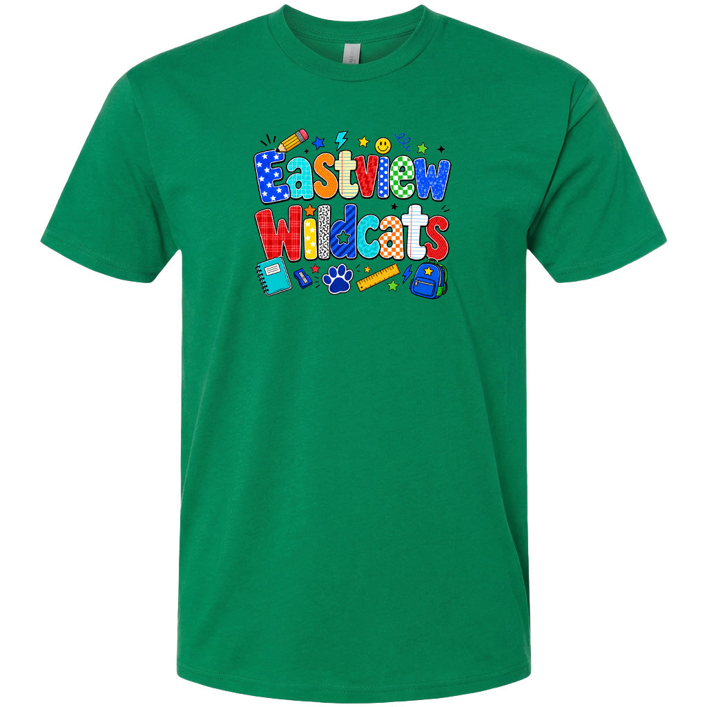 A green t-shirt with the text "Eastview Wildcats" printed on it.