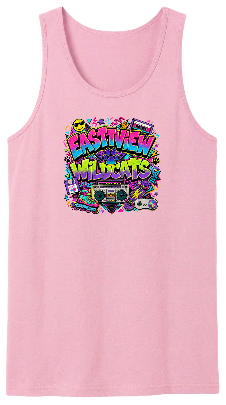 A pink tank top with a colorful graphic design featuring the text "EASTVIEW WILDCATS" surrounded by various icons and symbols, such as a boombox, cassette tape, and other retro-style elements.