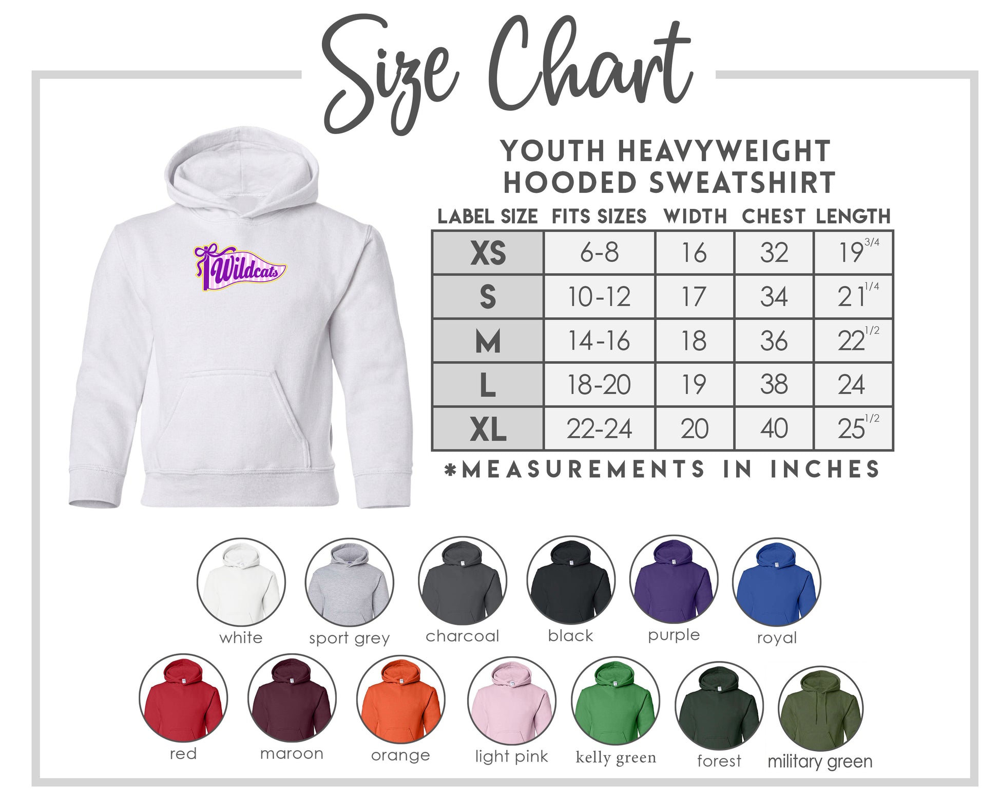 The image is a size chart for a youth heavyweight hooded sweatshirt, providing measurements for different age groups and sizes.