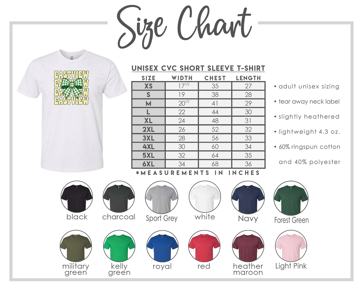 The image is a size chart for a white short sleeve t-shirt, including various color options and corresponding measurements in inches.