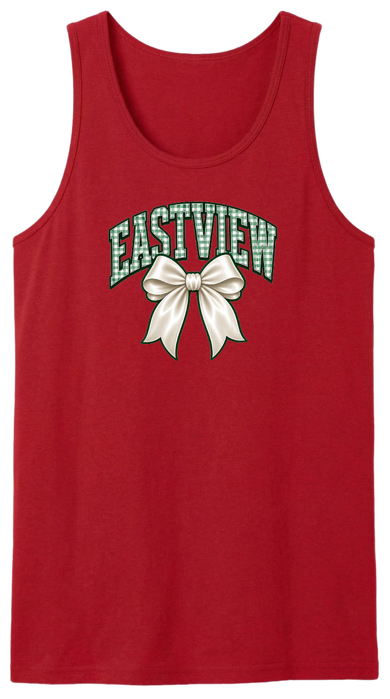 A red tank top with the word "EASTVIEW" and a white bow graphic printed on it.