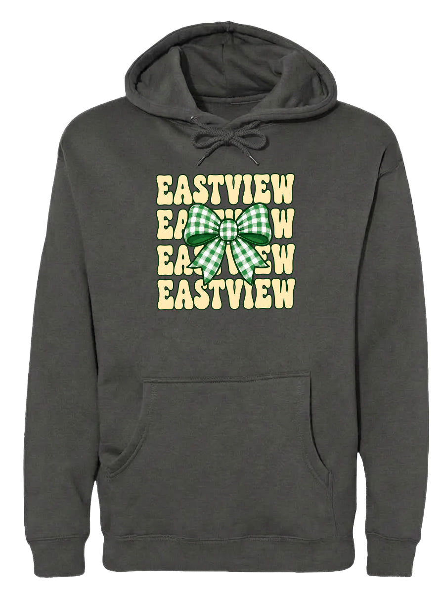 A gray hoodie with a graphic design featuring a green and white bow on the front.