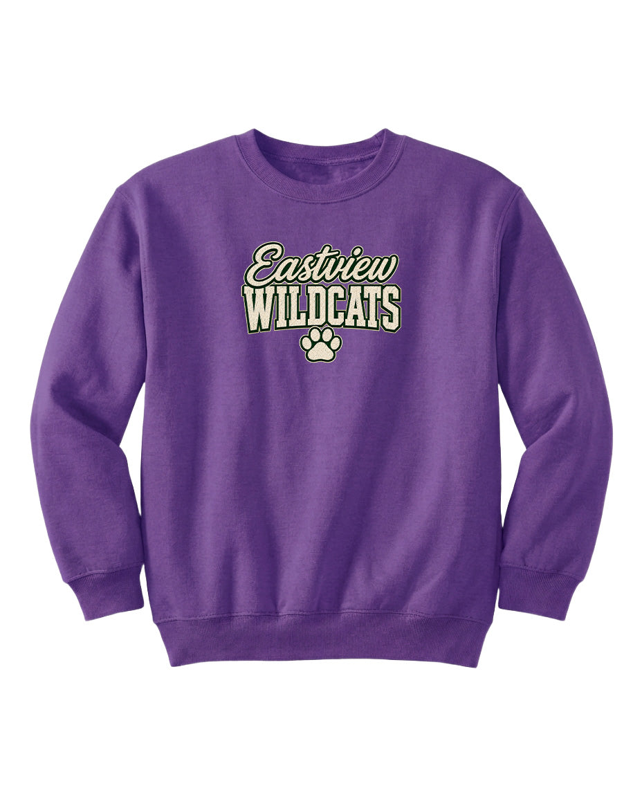 A purple sweatshirt with the text "Eastview Wildcats" printed on it.