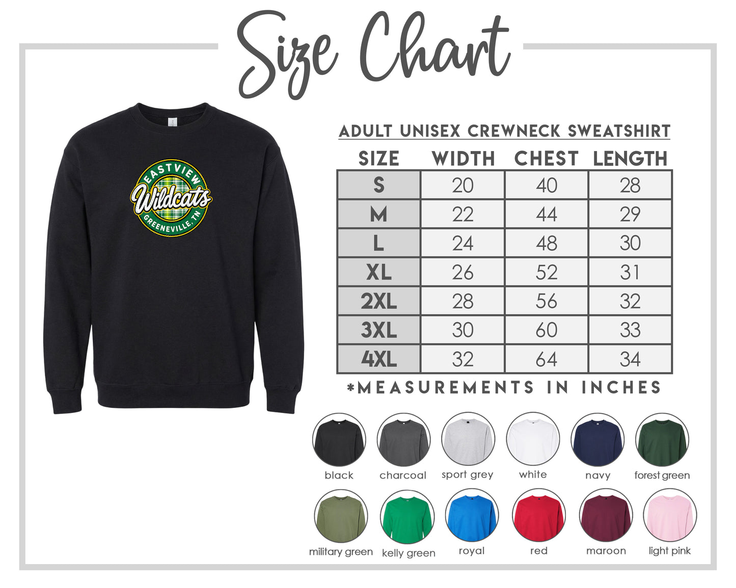 The image is a size chart for an adult unisex crewneck sweatshirt. It includes a black crewneck sweatshirt with a green and white logo, along with a table of size measurements for different chest and waist sizes. The chart also includes color swatches for various shirt colors, which are displayed in a collage format.
