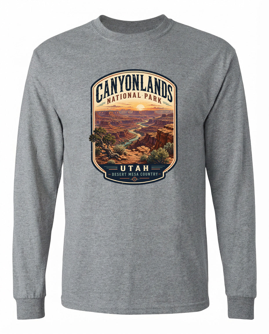 A gray long-sleeved t-shirt with a graphic design depicting the scenic landscape of Canyonlands National Park in Utah.