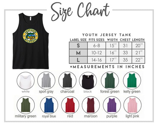 The image is a size chart for a youth jersey tank, displaying various label sizes and corresponding chest measurements.