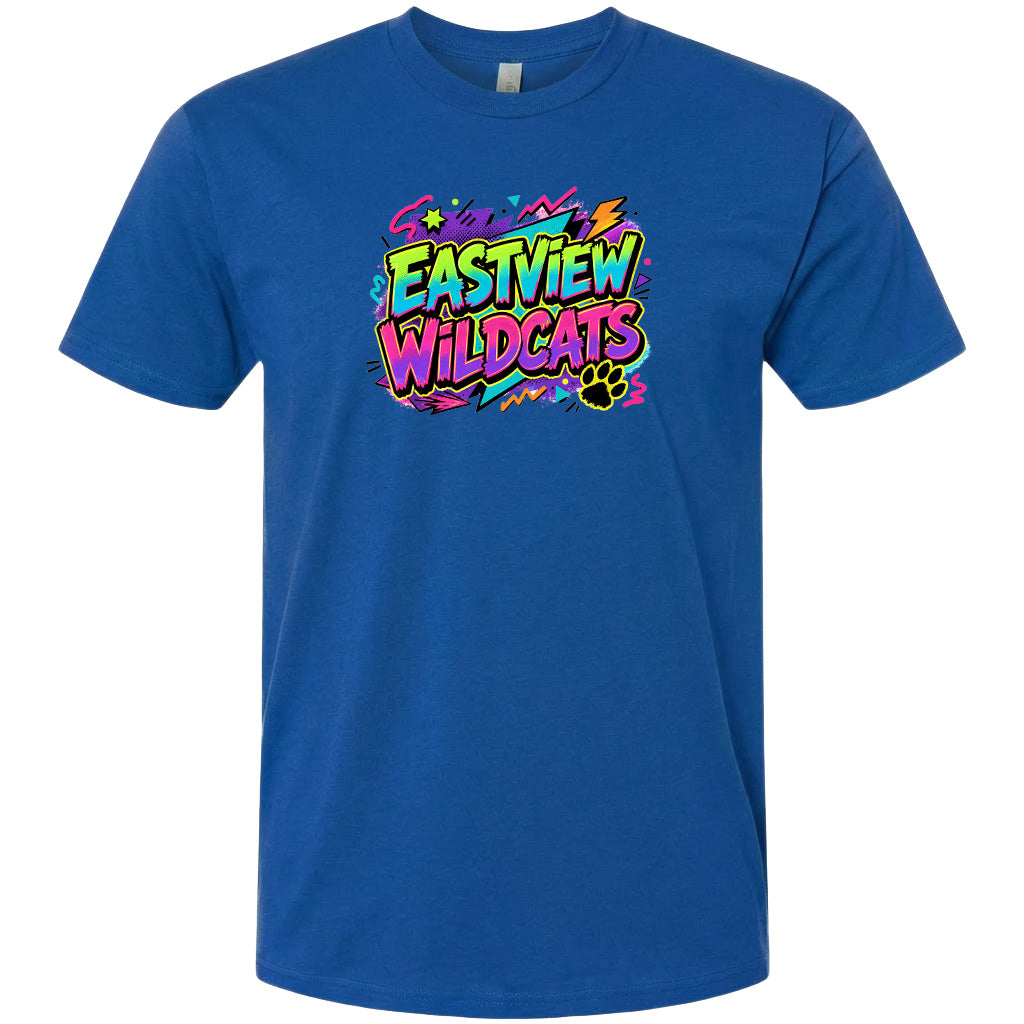 A blue t-shirt with a colorful graphic design featuring the text "EASTVIEW WILDCATS" in a vibrant, graffiti-style font.