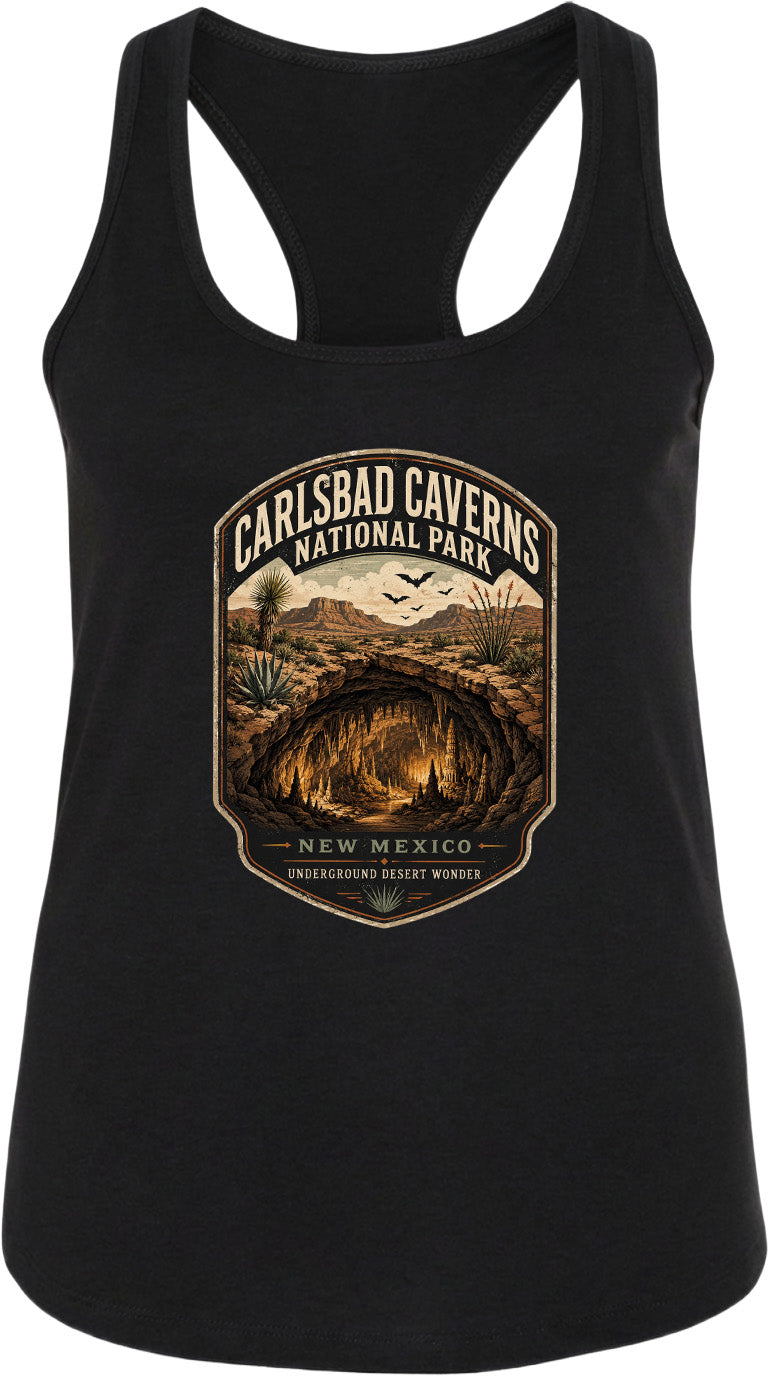 A black tank top with a graphic design depicting the Carlsbad Caverns National Park in New Mexico, featuring a desert landscape with a cave and birds in the sky.