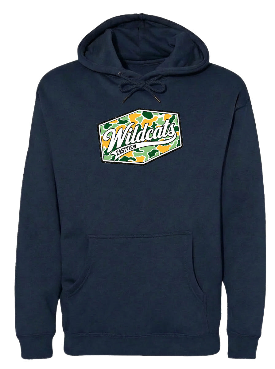 A navy blue hoodie with a graphic design on the front.