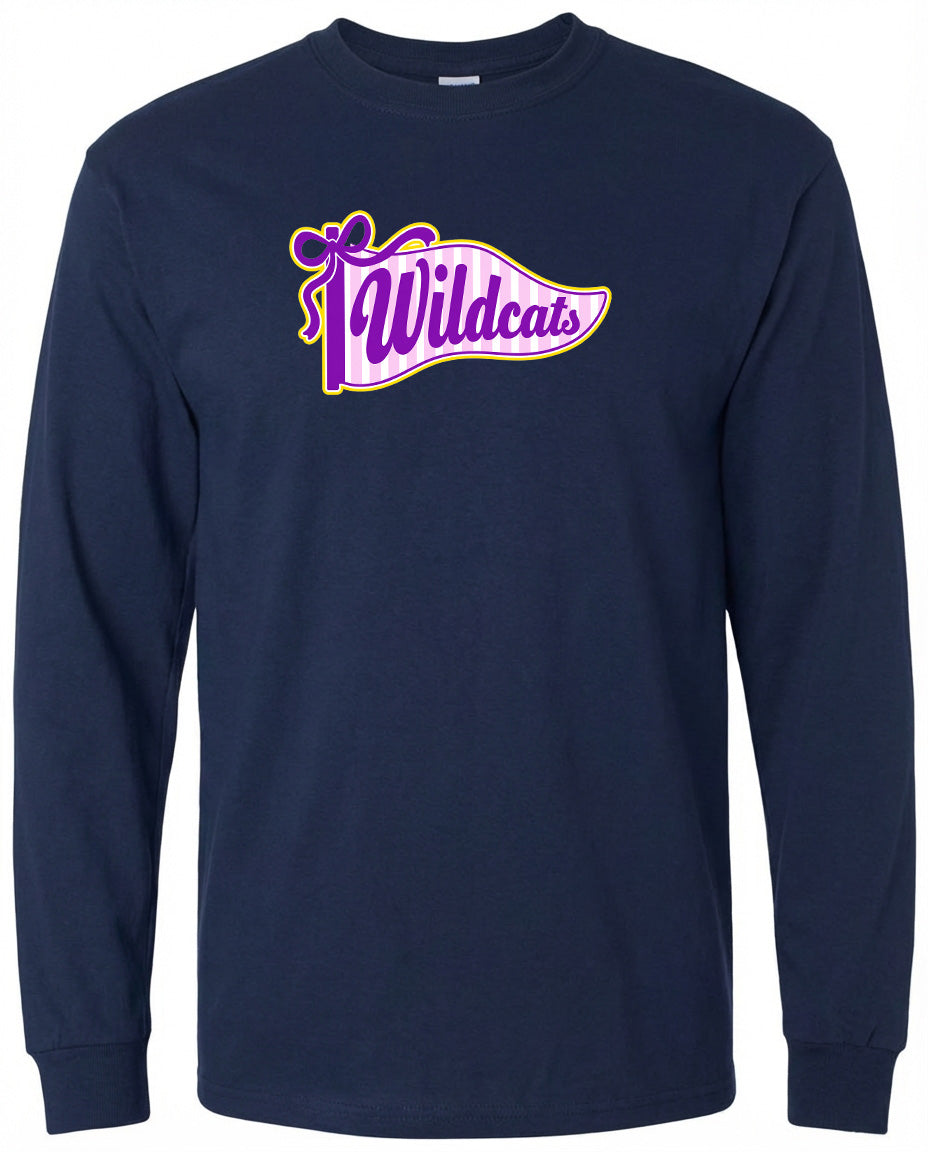 A navy blue long-sleeved shirt with a graphic design featuring the word "Wildcats" in purple and yellow colors.