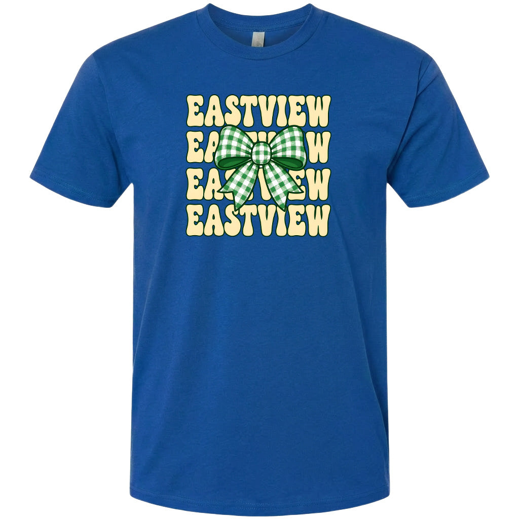 A blue t-shirt with a graphic design featuring a green and white bow.