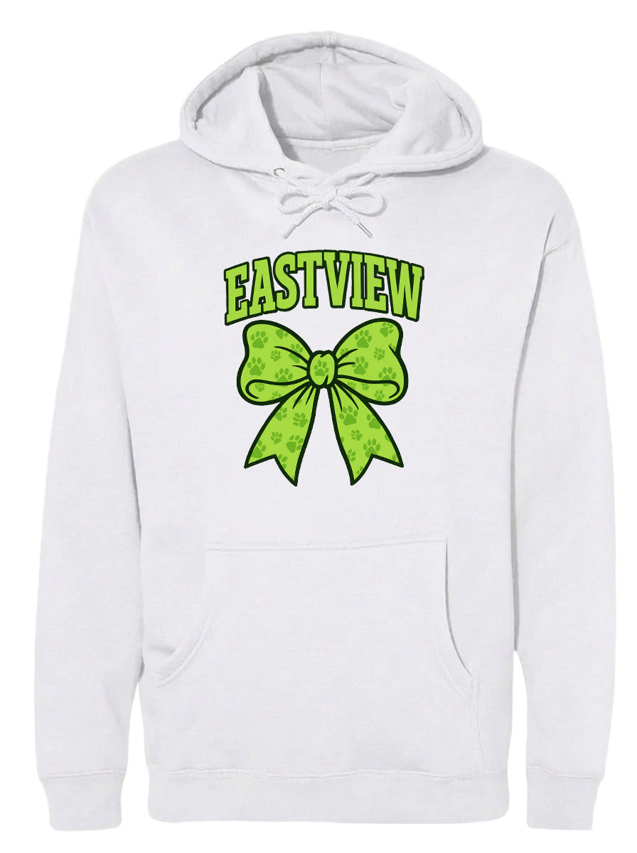 A white hoodie with a green bow and the text "EASTVIEW" printed on it.