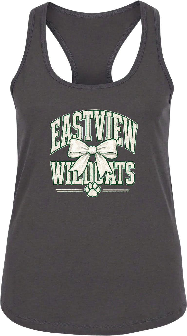 A gray tank top with a graphic design featuring the text "EASTVIEW WILDCATS" and a bow.