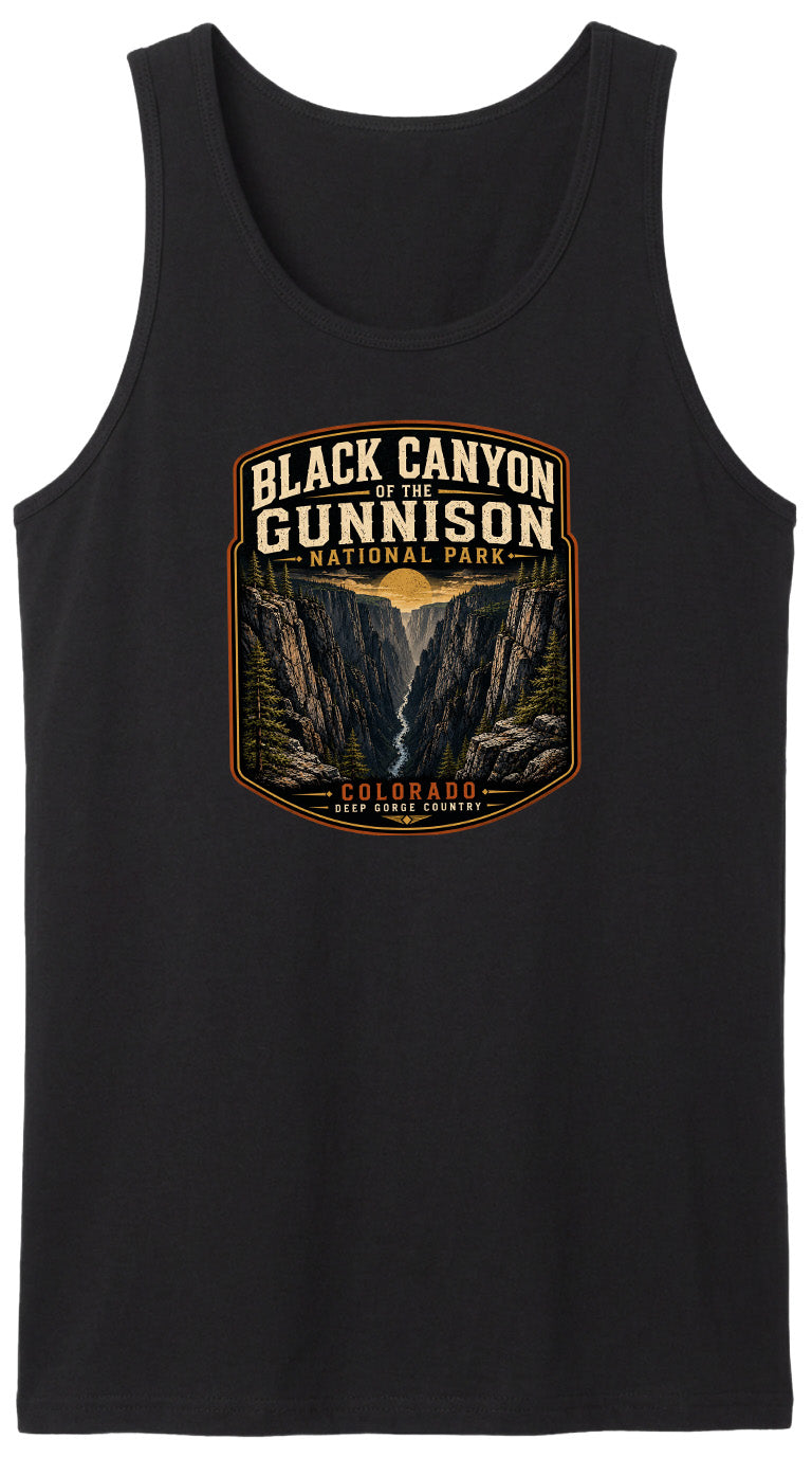 A black tank top with a graphic design depicting the Black Canyon of the Gunnison National Park in Colorado.