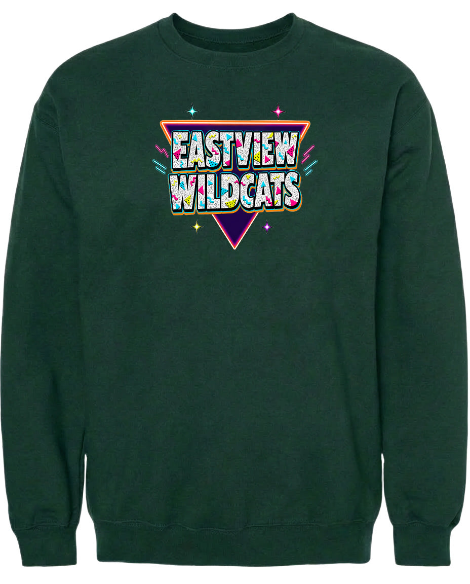 A dark green sweatshirt with a colorful graphic design on the front.