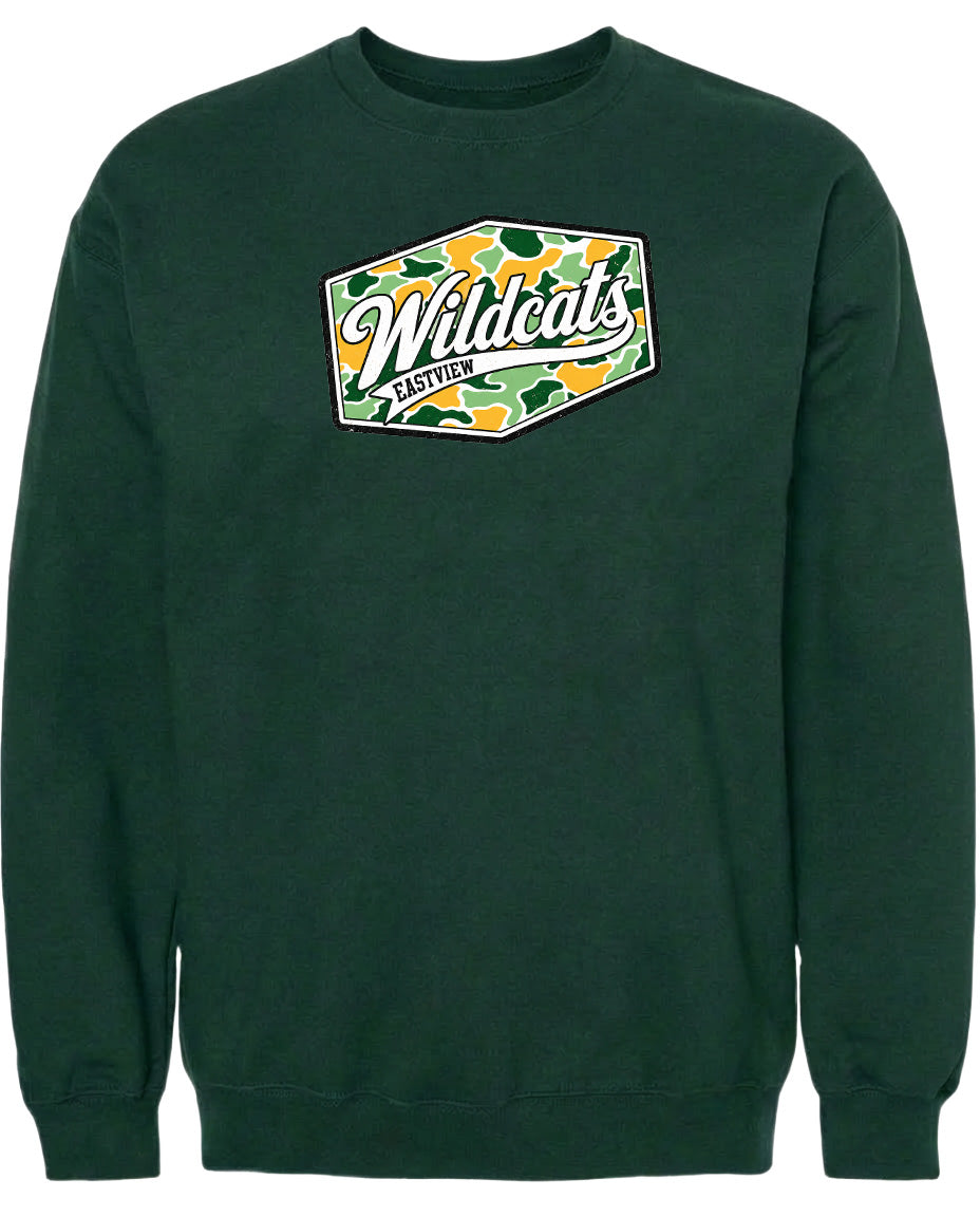 A dark green sweatshirt with a graphic design on the front.