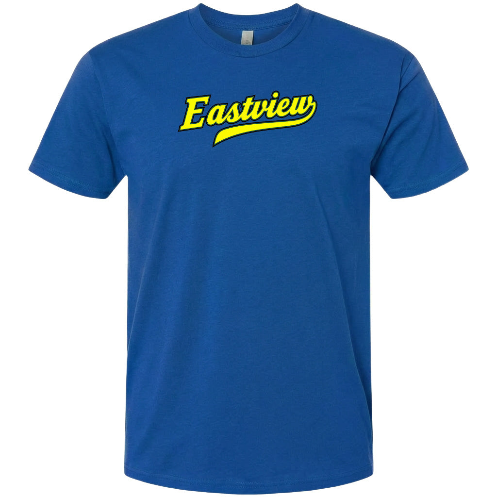A blue t-shirt with the word "Eastview" printed in yellow on it.