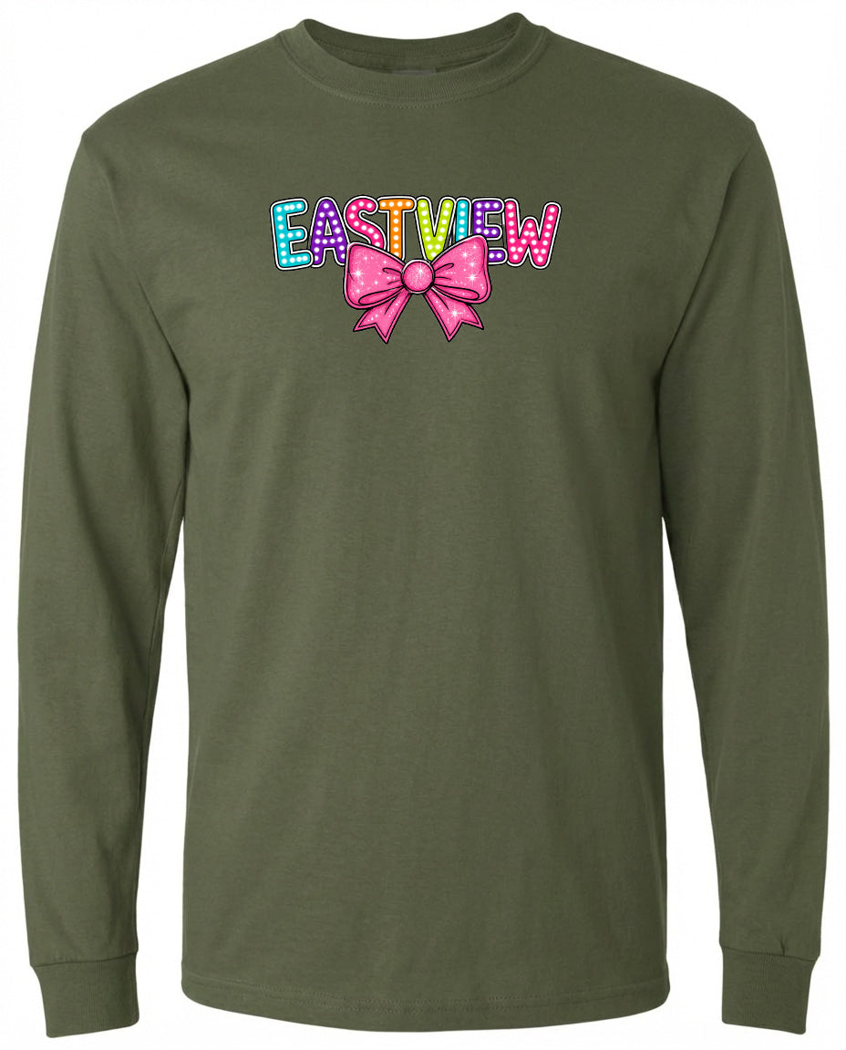 A long-sleeved olive green t-shirt with a colorful bow and the word "EASTVIEW" printed on it.