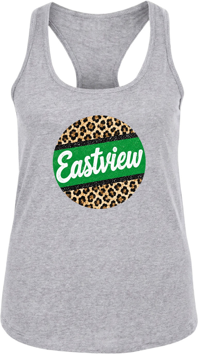 A gray tank top with a leopard print design and the word "Eastview" printed on it.