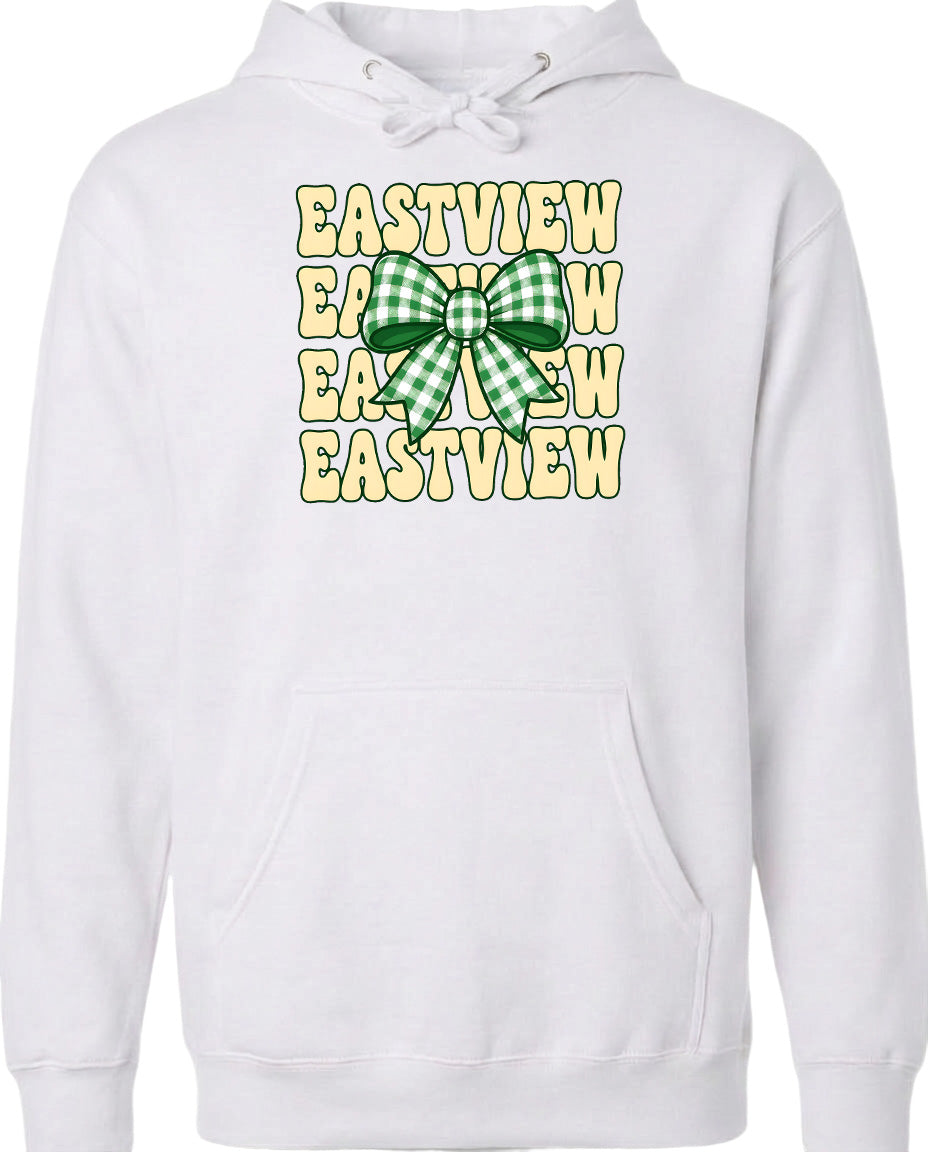 A white hoodie with a graphic design featuring a green and white bow on the front.