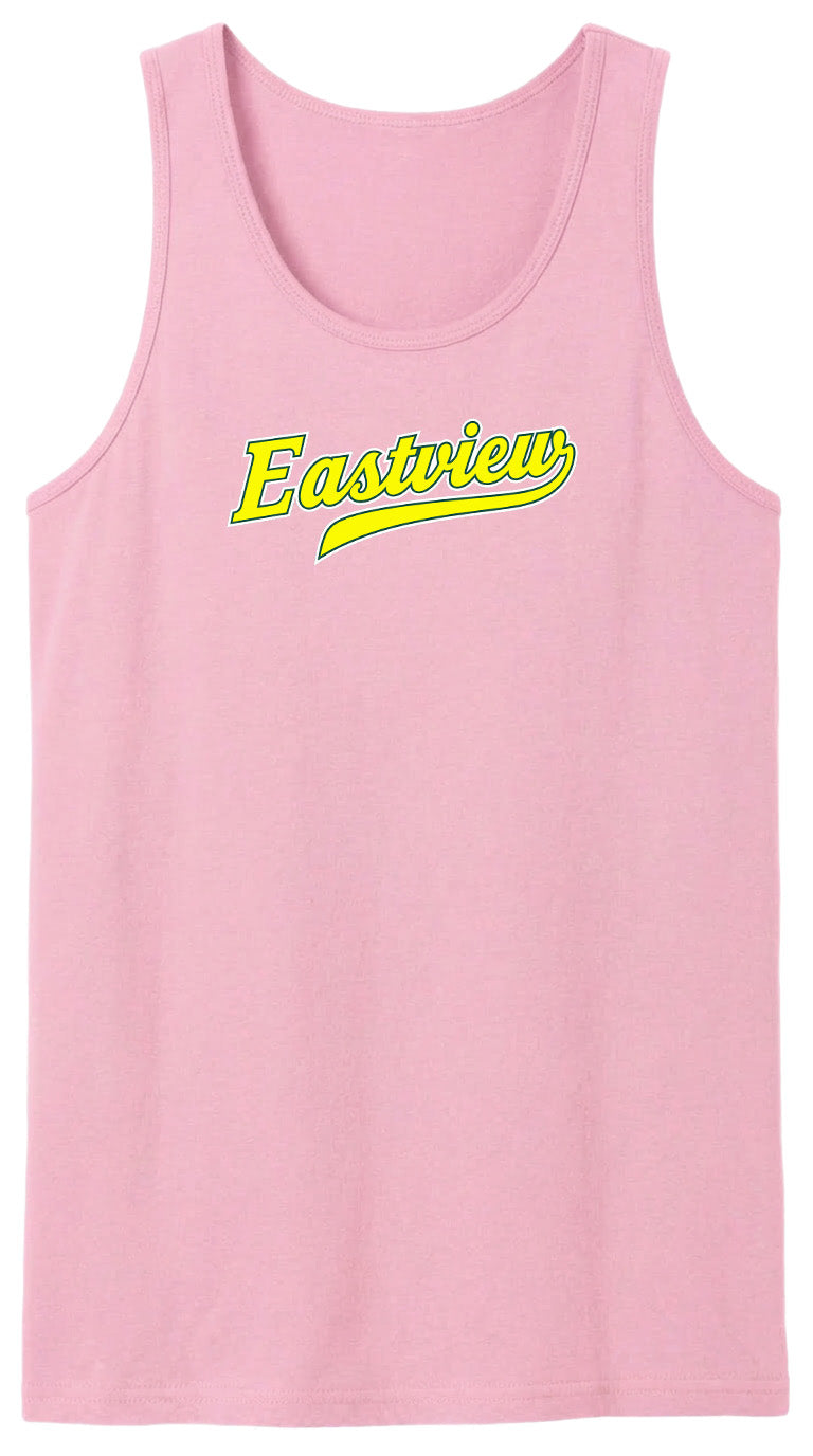 A pink tank top with the word "Eastview" printed in yellow on it.