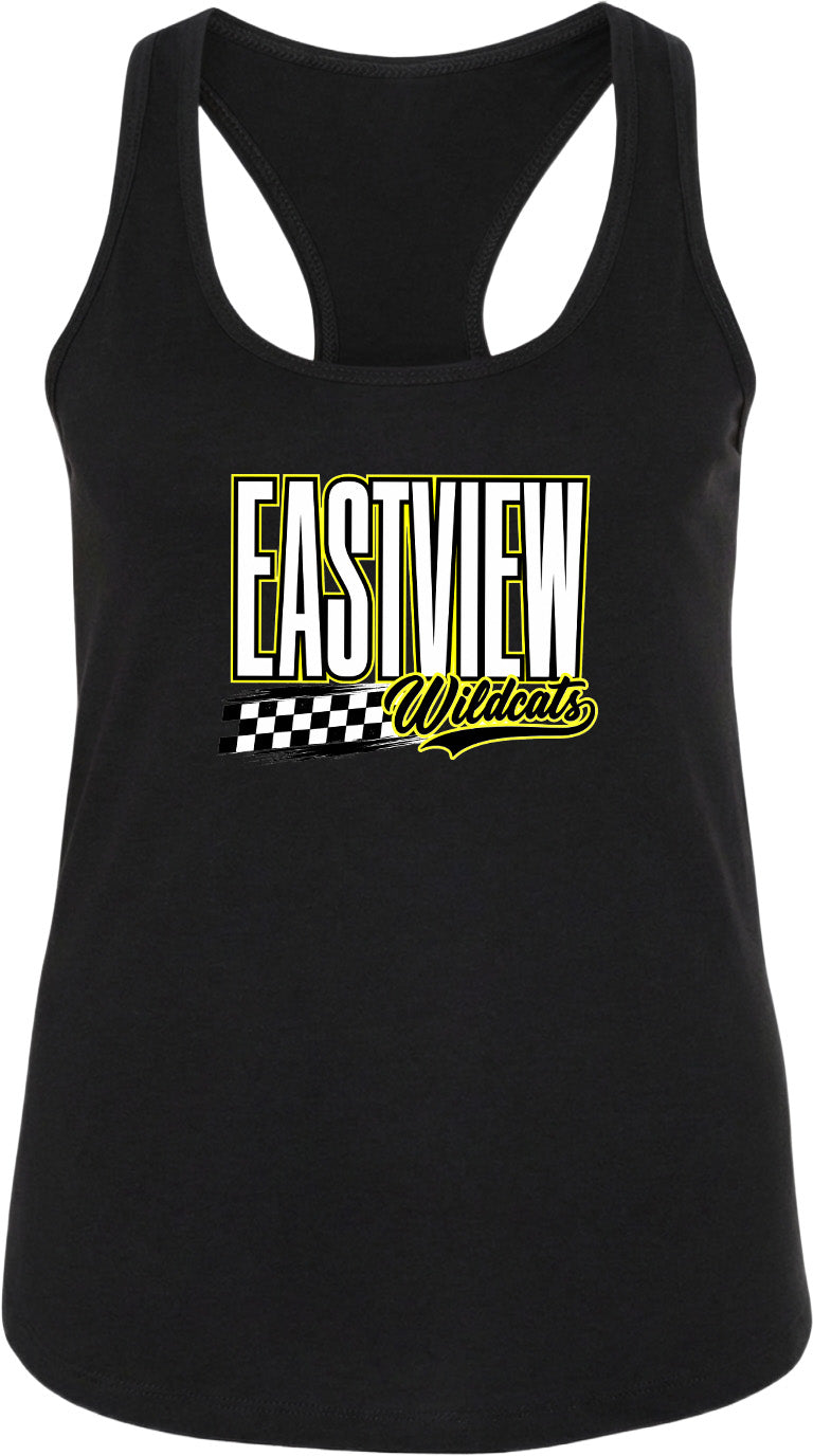 A black tank top with a yellow and white logo that says "EASTVIEW Wildcats".
