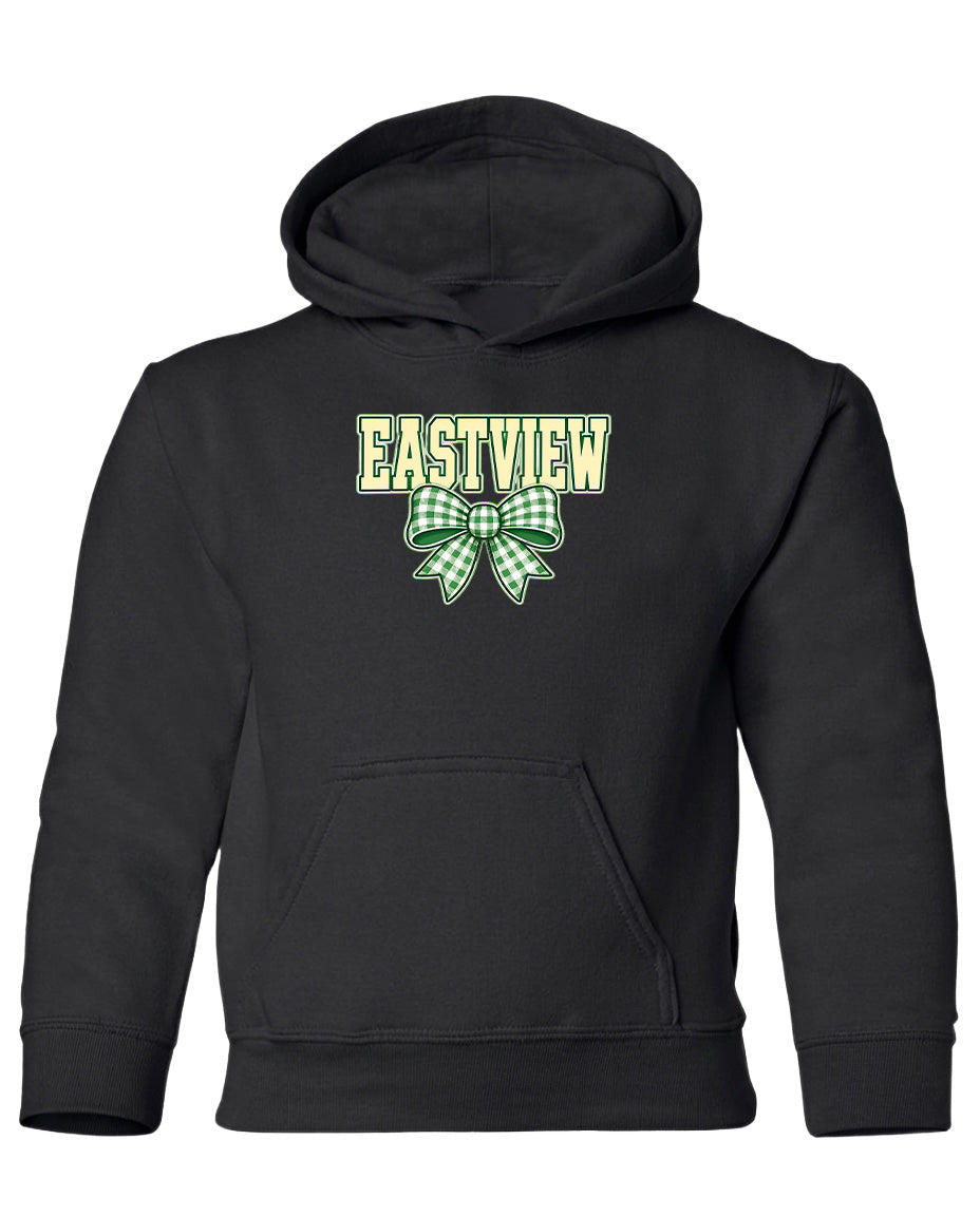 A black hoodie with a green and white bow on the front.