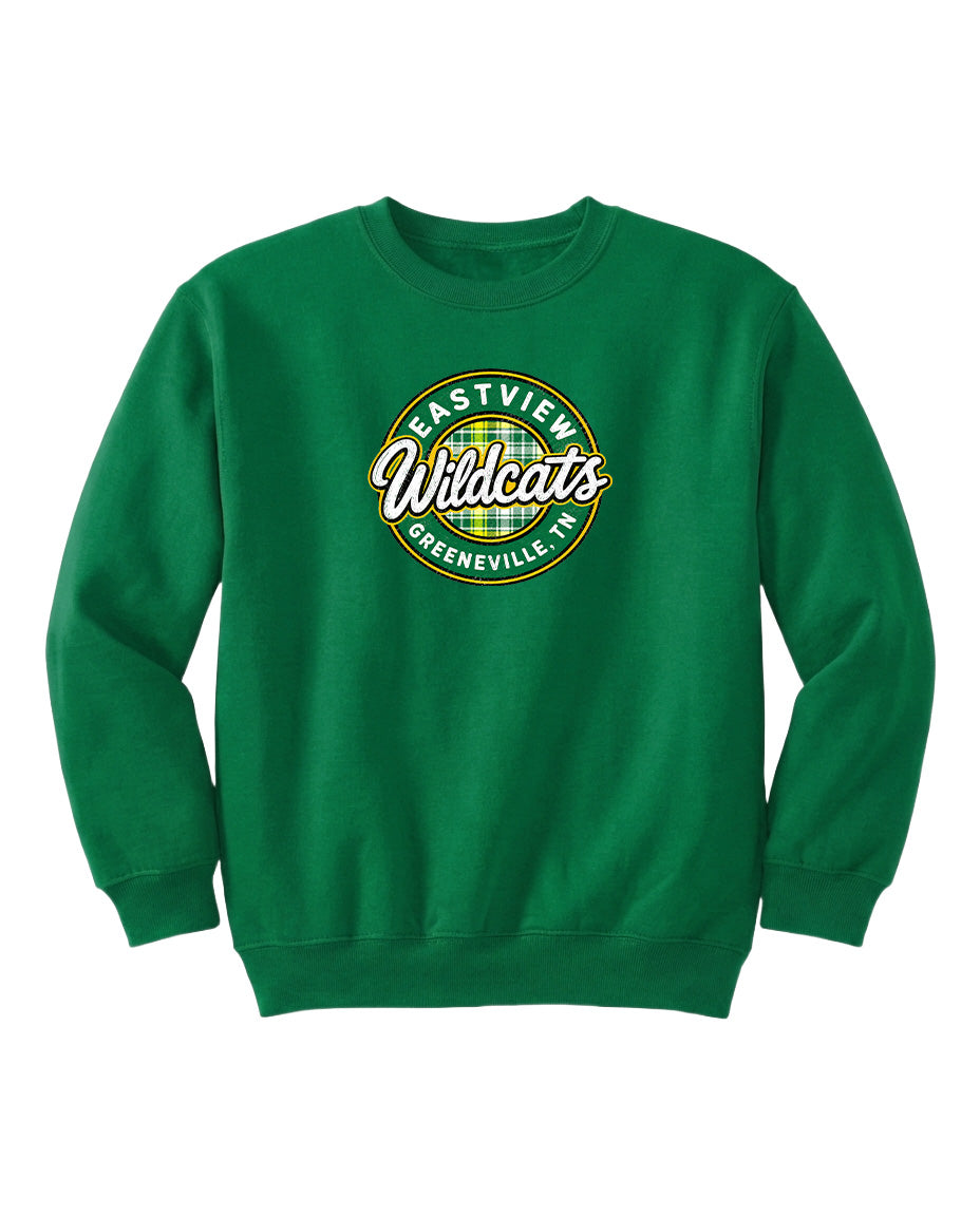 A bright green sweatshirt with a circular logo on the front.