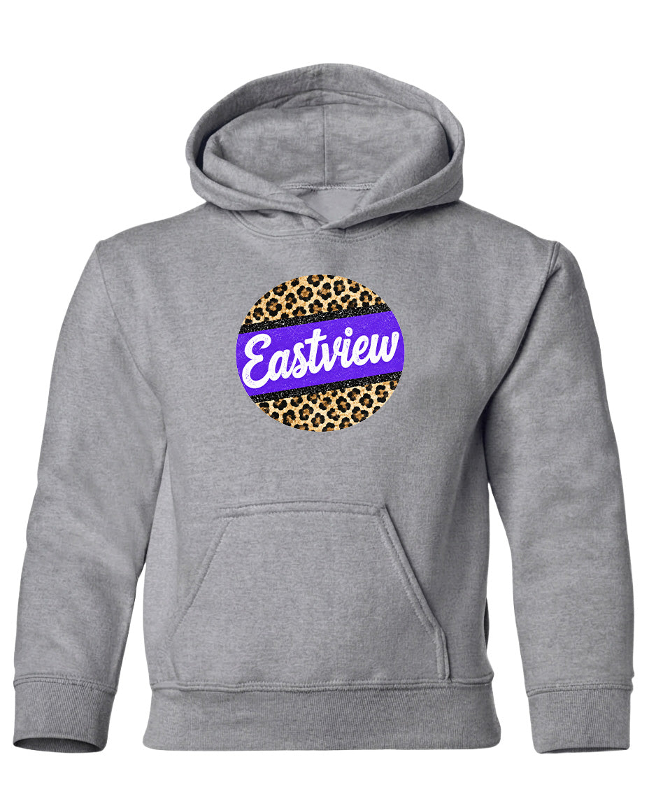 A gray hoodie with a leopard print design and the word "Eastview" printed on it.