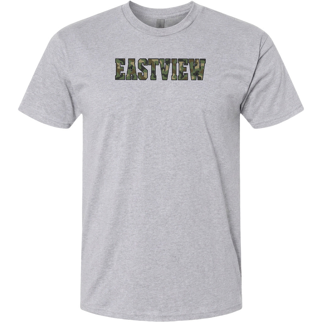 A gray t-shirt with the word "EASTVIEW" printed on it in a camouflage pattern.