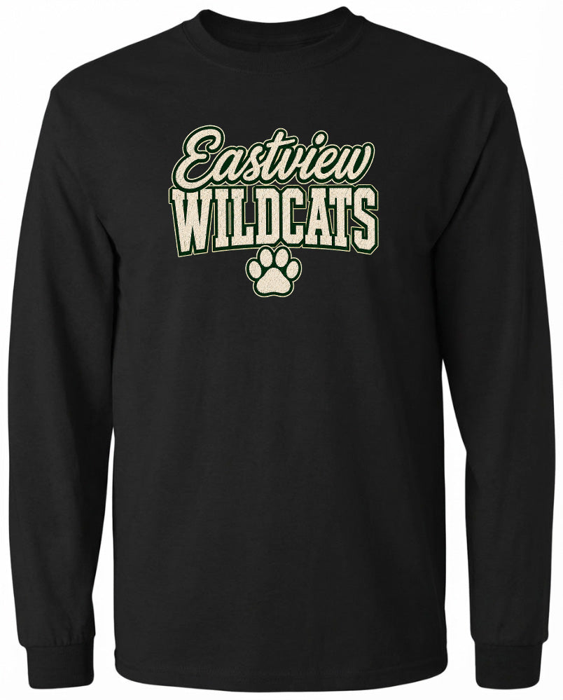 A black long-sleeved shirt with the text "Eastview Wildcats" printed on it.
