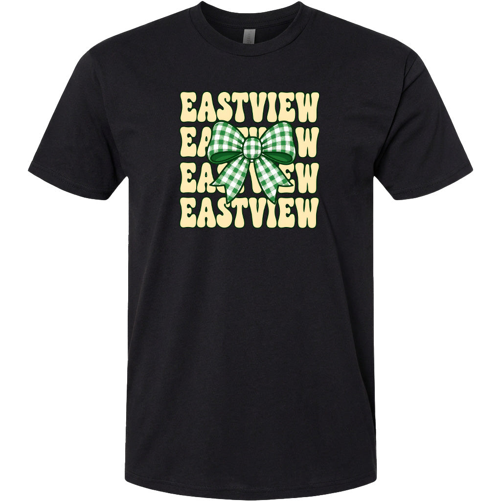 A black t-shirt with a graphic design featuring the text "EASTVIEW" repeated in a vertical orientation, with a green and white checkered bow in the center.