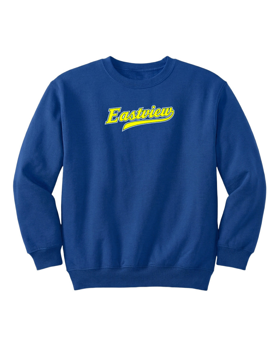 A blue sweatshirt with the word "Eastview" printed in yellow on the front.