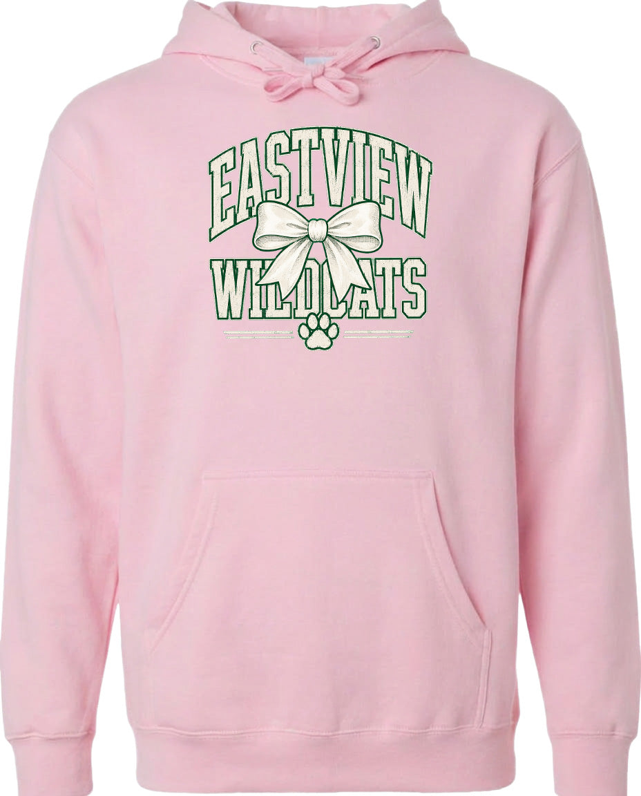 A pink hoodie with a graphic design featuring the text "EASTVIEW WILDLIFE" and a bow.