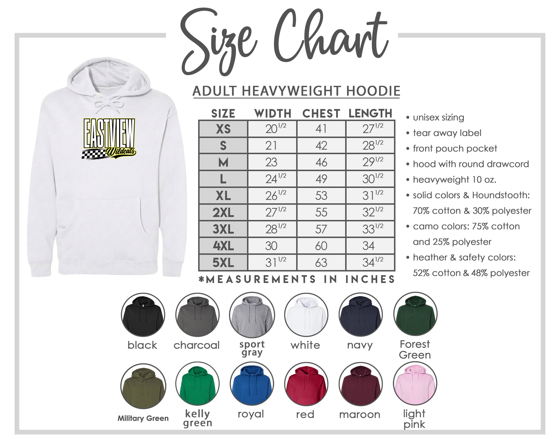 The image is a size chart for an adult heavyweight hoodie, including various color options and measurements in inches.